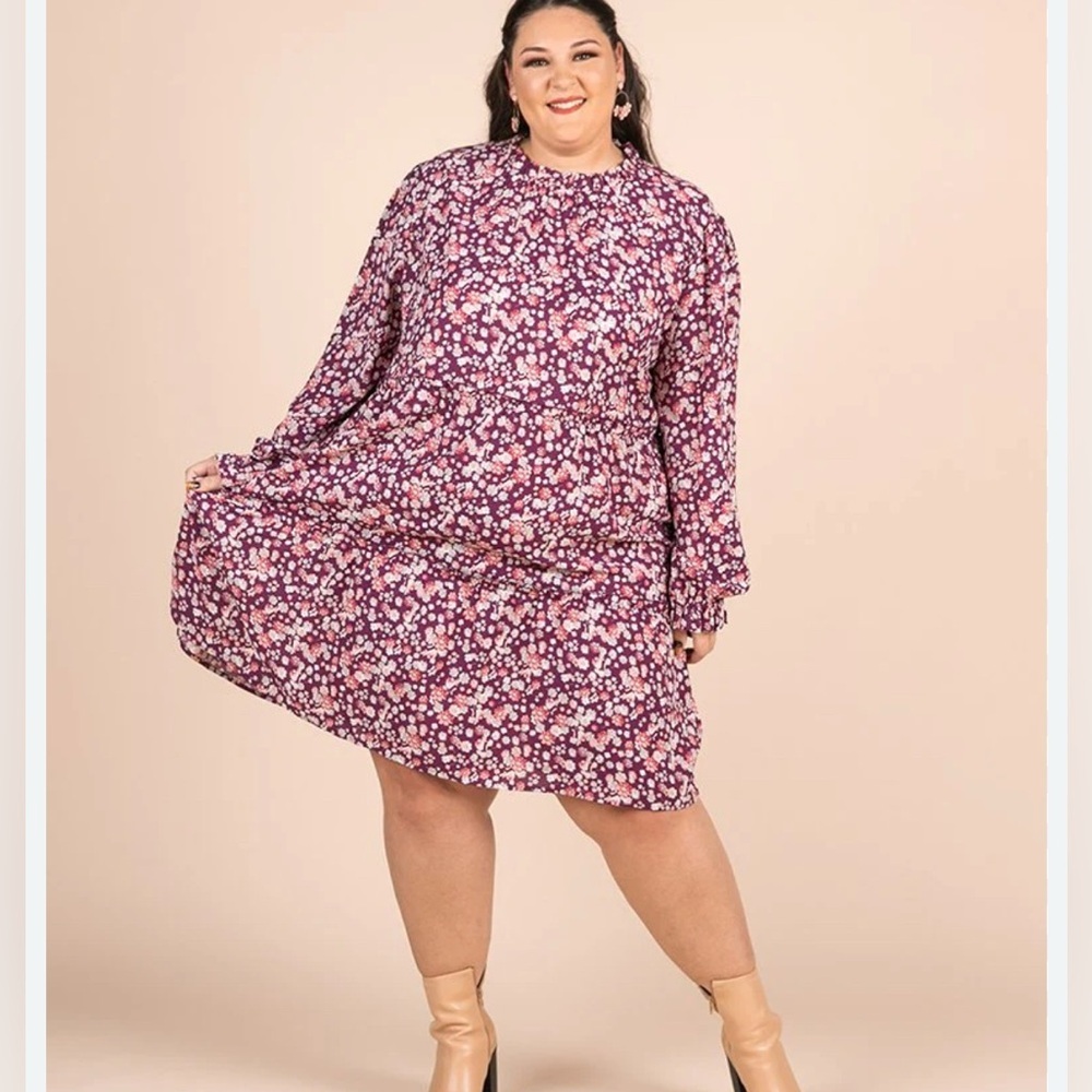 Annabelle Long Sleeve Floral Midi Dress Maroon and White Size 3X New